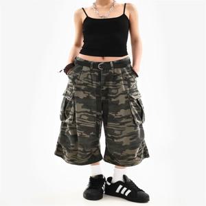여성 Y2K streetwear 여름 위장 느슨한 카프리 카고 반바지 포켓 짧은 바지 하단 acubi 바지 2000s alt 의류