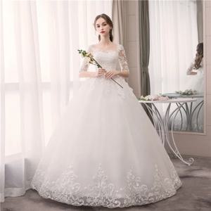 사용자 정의 웨딩 드레스 자수 레이스 업 플러스 사이즈 사용자 정의 만든 O 넥 웨딩 드레스 하프 슬리브 볼 가운 Robe De Mariee
