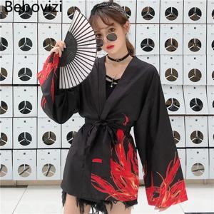 Bebovizi 일본 스타일 플레밍 피닉스 프린트 가디건, 하라주쿠 기모노, 섹시한 유카타, 여성 스트리트웨어, 전통 하오리