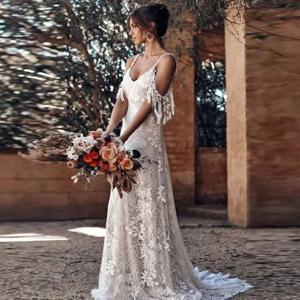 맞춤형 Boho 레이스 웨딩 드레스 v 넥 스파게티 스트랩 긴 가운 a 라인 스윕 기차 Vestido De Novia Elegante 레이스 업 백