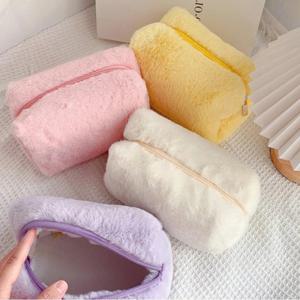 솔리드 컬러 메이크업 가방, 여성 소프트 플러시 화장품 메이크업 브러쉬 보관 케이스, 여행 세면 용품 주최자 핸드백, 소녀 선물