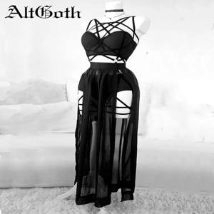 AltGoth 고딕 나이트 클럽 섹시한 치마 세트 여성 메쉬를 통해 볼 등받이 자르기 탑 Emo Alt 펑크 하이 웨이스트 팬티 스커트 3pcs