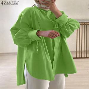 ZANZEA 패션 여성 블라우스 세련된 솔리드 루즈 이슬람 블라우스 두바이 터키 Blusas 가을 우아한 긴 소매 레이스 업 그린 탑