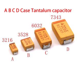 10PCS A B C D 케이스 탄탈륨 커패시터 6V 10V 16V 25V 35V 50V 0.1 미크로포맷 1 미크로포맷 2.2 미크로포맷 4.7 미크로포맷 10 미크로포맷 22 미크로포맷 33 미크로포맷 47 미크로포맷 100 미크로포맷 220 미크로포맷 330 미크로포맷