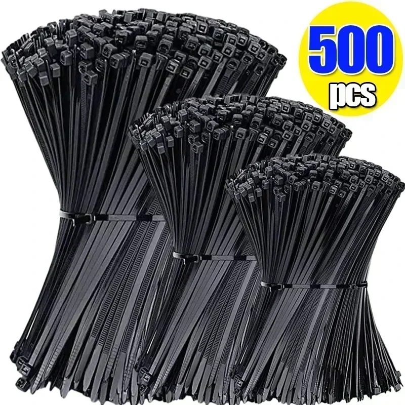 500/100Pcs 플라스틱 나일론 케이블 타이 자동 잠금 코드 타이 스트랩 조정 가능한 케이블 고정 루프 홈 오피스 와이어 지퍼 타이