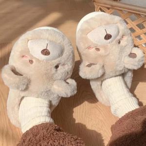 귀여운 곰 싱글 밴드 겨울 새로운 여성 슬리퍼 부드러운 뒤꿈치 플랫폼 모피 따뜻한 실내 편안한 홈 푹신한 홈 슬리퍼