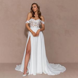 사용자 정의 기질 오프 어깨 a 라인 레이스 환상 신부 가운 아가 목 Backless 높은 슬릿 웨딩 드레스 여성을위한