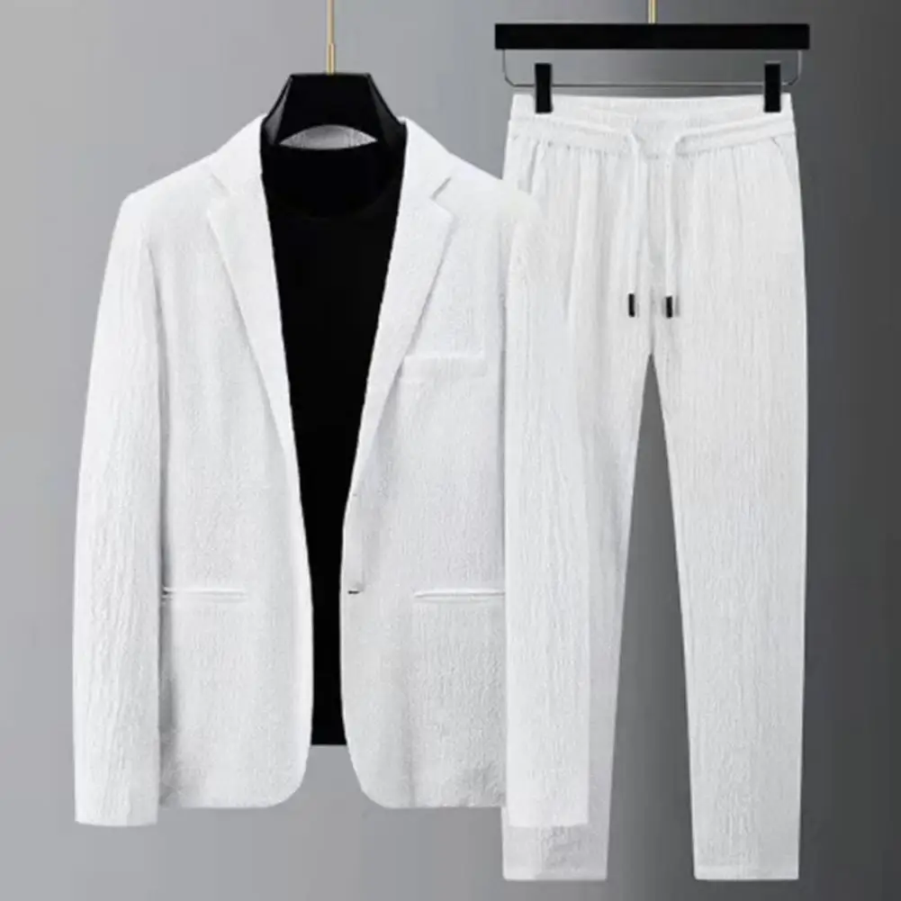 남자 투피스 양복 스트라이프 Pleated 남자 블레이저 바지 세트 Pleated Drawstring 느슨한 옷깃 주머니 얇은 공식 비즈니스 남자 세트