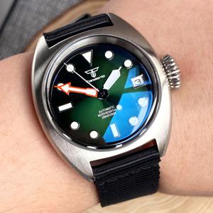 36mm 밀리터리 다이버 기계식 시계 남자 NH35 AR 돔형 사파이어 선버스트 그린/레드/블루 빅 크라운 스포츠 나일론