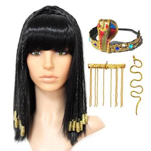 클레오 파트라 가발 여자 이집트 여왕 검은 머리 골드 비즈 클레오 파트라 Accessorie Headpie 댄스 할로윈 파티 역할 놀이 코스프레 가발