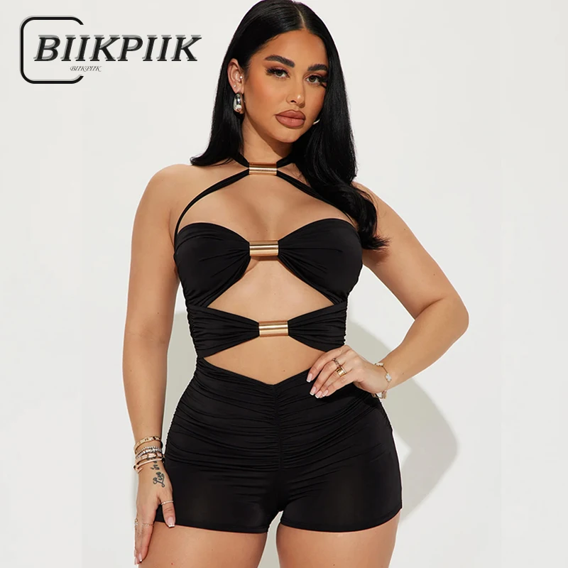 BIIKPIIK 섹시 할로우 여성 Playsuits 패션 금속 반지 Backless 스키니 Rompers 휴가 클럽 블랙 오버올 Midnight Party