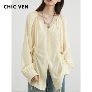 CHIC VEN 여성용 셔츠, 한국 루즈 솔리드 브이넥 긴팔 블라우스, 패션 디자인, 부드러운 레이스업 상의, 여름 신상 2024