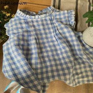 여성용 패션 셔츠 2025 Blusas Mujer De Moda Sweet Ruffles 루즈 블라우스 민소매 o 넥 캐주얼 격자 무늬 여름 블라우스 탑
