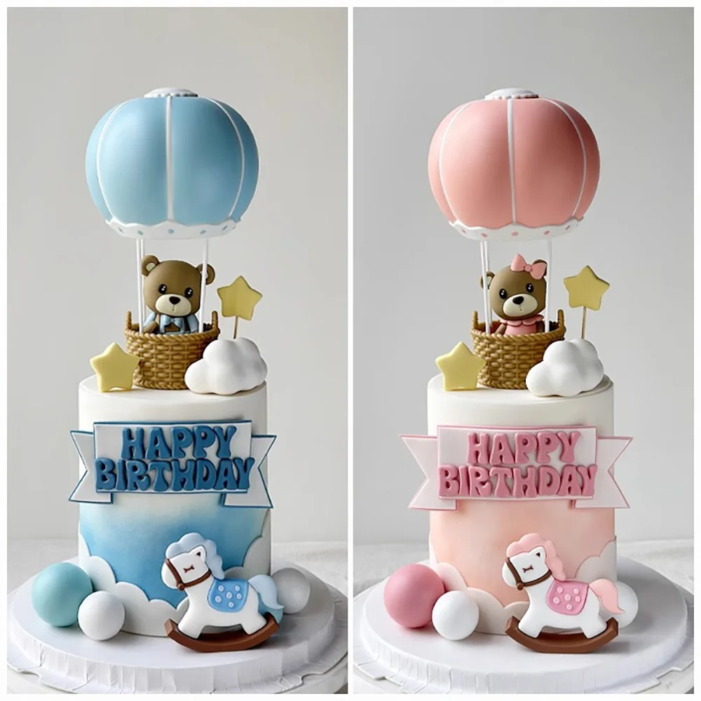 소년이나 소녀를위한 곰 케이크 토퍼 베이비 샤워 어린이 생일 파티 장식 뜨거운 공기 풍선 케이크 토퍼 핑크 블루 그린