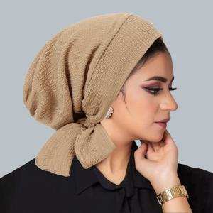 라마단 솔리드 컬러 Crinkle Turban Hijab 모자 긴 꼬리 머리 랩 탄성 이슬람 모자 여성용 통기성 Chemo 모자 소녀