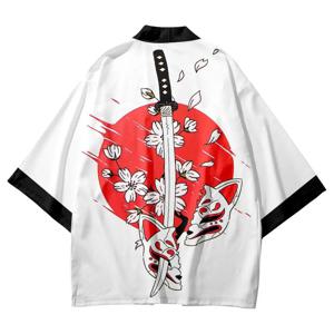 구미호 만화 프린트 일본식 기모노 여름 streetwear 남성과 여성을위한 여우 악마 역할 놀이 카디건 유카타상의