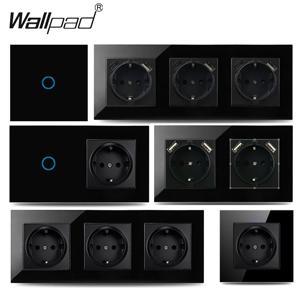EU USB TypeC 더블 트리플 벽 소켓이있는 터치 라이트 스위치 블랙 Led 스위치 크리스탈 다크 백라이트 전기 콘센트 16A