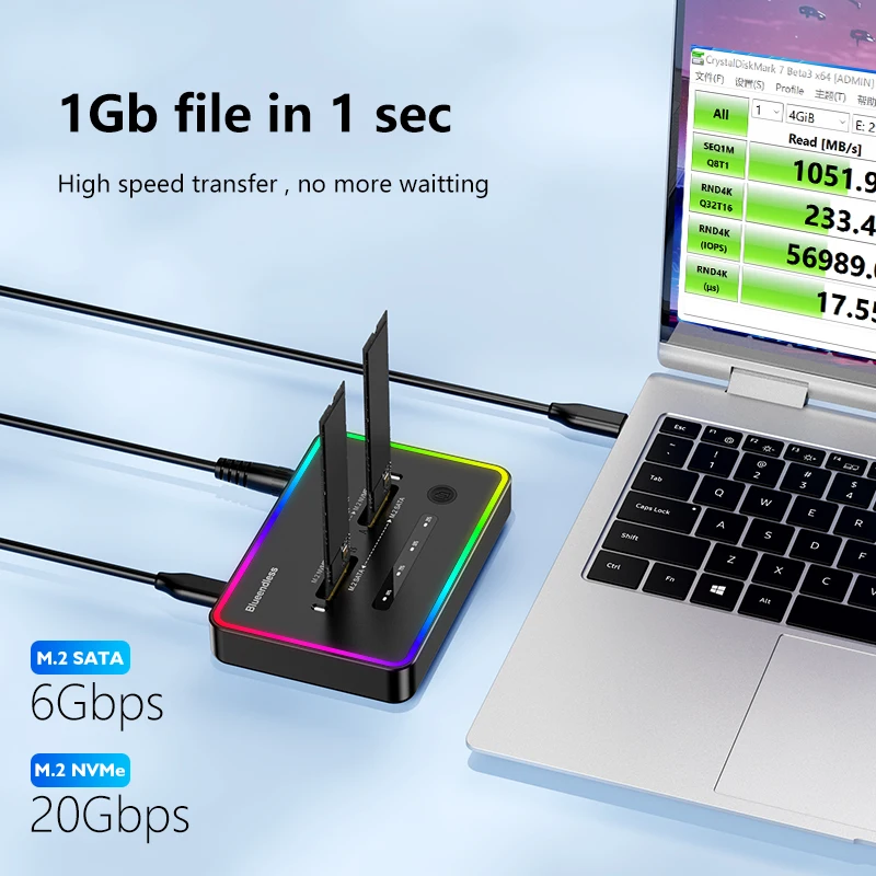 Blueendless 오프라인 클론 듀얼 프로토콜 m.2 ssd 케이스 PCIe NVME Ssd 도킹 스테이션 2 베이 M2 sd 인클로저 유형 C 10Gbps RGB 조명
