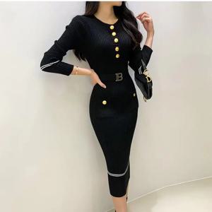 가을 겨울 여성 니트 드레스 브랜드 패션 오-넥 버튼 Bodycon 스웨터 드레스 벨트 레이디 오피스 드레스