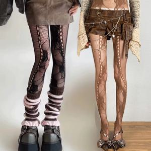 Y2K 꽃 자카드 섹시 스타킹 여성 고딕 펑크 블랙 Fishnet 팬티 스타킹 하라주쿠 로리타 불규칙한 로즈 홀 메쉬 스타킹