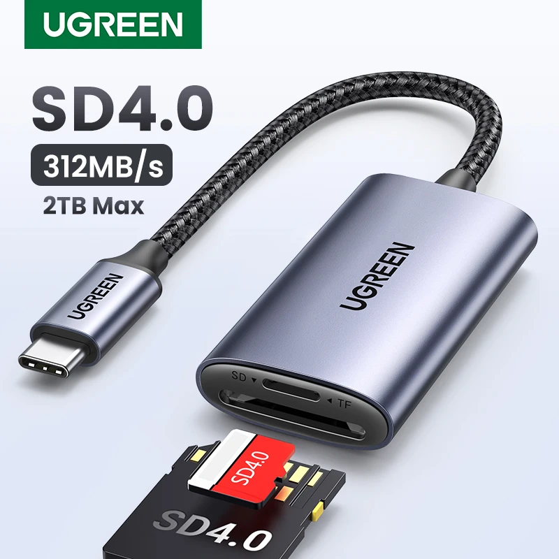 UGREEN 카드 리더기, 노트북, 휴대폰, 맥북, 윈도우, 맥OS용 TF 메모리 카드 어댑터, SD4.0, 312 MB/s USB-C