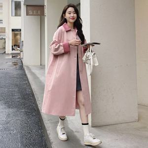 여성용 용수철 롱 트렌치 코트, 대비색 핑크, 싱글 단추, 여성 패션 코트, 카사코, 신상 트렌치 팜므, 2025
