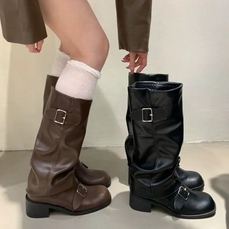 여성 부츠 무릎 높은 플랫폼 Chunky Heels 트렌드 펑크 고딕 뉴 락 가죽 패션 여성 신발 오토바이 신발 Q221
