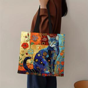 1pc 추상 고양이 토트 백 귀여운 기발한 작은 동물 숄더 백 인쇄 리넨 에코 핸드백 쇼핑 사무실 재사용 가능한 캐주얼 가방