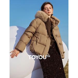 TOYOUTH 여성용 90% 화이트 덕 다운 퍼 칼라 후드 재킷, 따뜻한 재킷 코트, 2024 겨울 신상