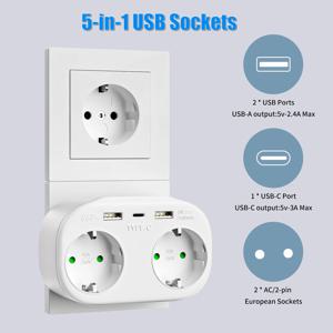 Eu 플러그 전원 어댑터 2USB 및 1Type-c 충전 전원 어댑터 16A 250V 4000W 홈 오피스 여행 확장 소켓에 적합