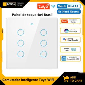 Tuya Wifi 스마트 터치 스위치 라이트 브라질 4x4 중립 와이어 없음 4/6 Gang RF433 원격 켜기 끄기 라이트 스마트 라이프 Alexa Google 홈