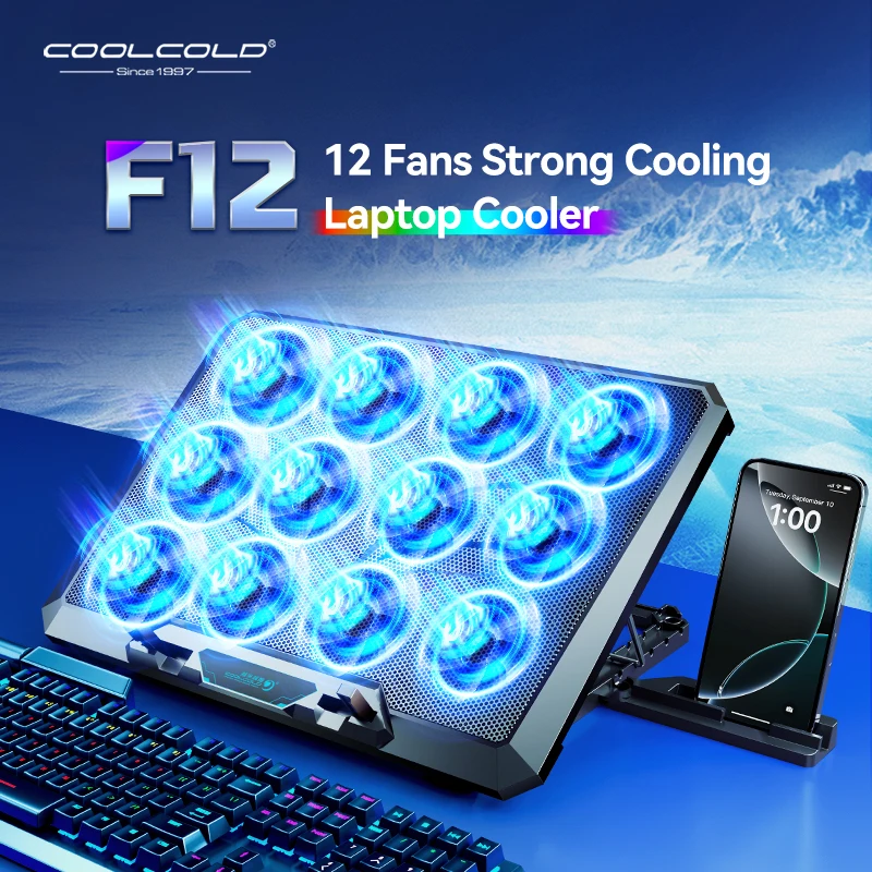 12개의 조용한 팬이 포함된 COOLCOLD 노트북 냉각 패드, USB 포트 2개 및 전화 홀더가 포함된 12-17.3인치 게임용 노트북 쿨러 스탠드