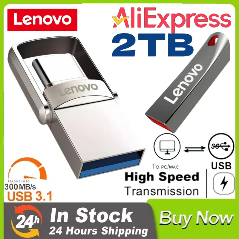 레노버 정품 USB 3.1 플래시 드라이브, 금속 U 디스크, 2 in 1 OTG, 1024GB, 128GB, 512GB, 1TB 펜 드라이브, 전화 컴퓨터용