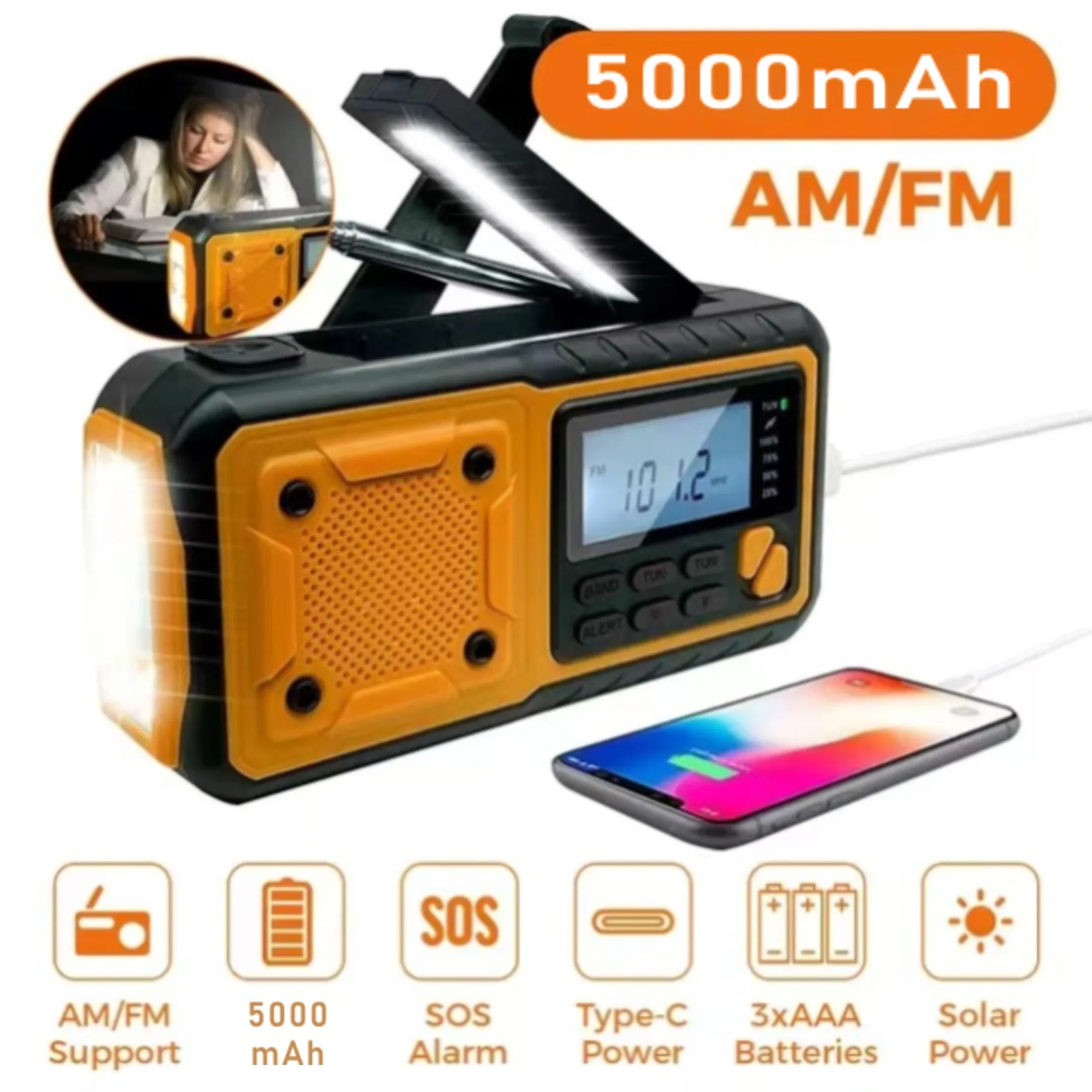 5000mAh 휴대용 비상 태양 광 발전 라디오 핸드 크랭크 충전 AM/FM SW 멀티 밴드 라디오 Led 독서 손전등 보조베터리