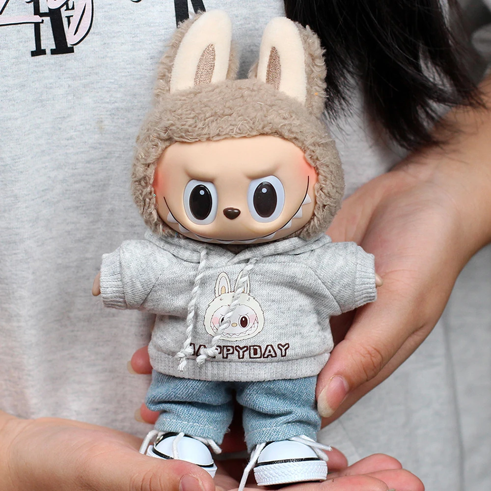 Labubu 의류 복장 액세서리 미니 인형 17cm Labubu II 아이돌 운동복 하트 비트 까마귀 청바지 세트 의류