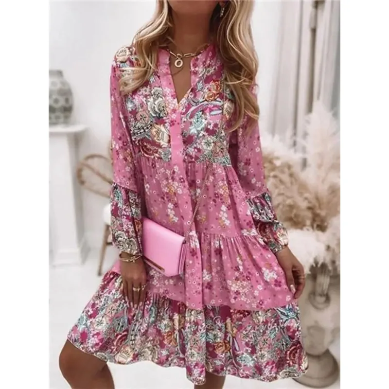 여성을위한 여름 느슨한 프린트 드레스 2024 Sping Boho V 넥 라인 드레스 우아한 비치 파티 드레스 가운 Femme