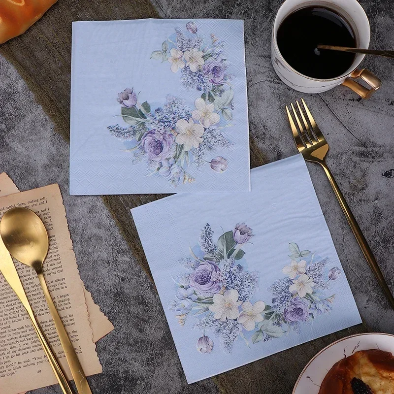 10/20pcs 33cm 2-Ply 파란색 흰색 꽃 인쇄 파란색 냅킨 파티 다채로운 종이 컵 꽃 접는 DIY Decoupage 종이