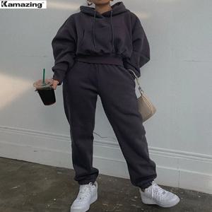 후드 정장 겨울 봄 솔리드 캐주얼 Tracksuit 여성 양털 2 조각 세트 스포츠 스웨터 풀오버 스웨트 팬츠 도매