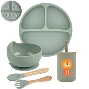 5P 아기 실리콘 식기 세트 뚜껑 흡입 그릇과 분할 접시 밀짚 컵 나무 숟가락 포크 유아 먹이 훈련 접시
