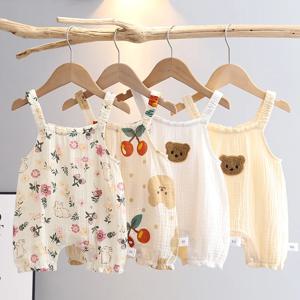 여름 아기 소녀 모자와 Romper 만화 체리 곰 점프 슈트 유아 민소매 모슬린 의류 소년 토끼 인쇄 의상
