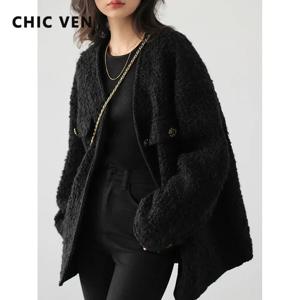 CHIC VEN 패션 여성 모직 코트 싱글 브레스트 빈티지 자켓 v 넥 오피스 레이디 오버 코트 여성 탑 봄 가을 2023