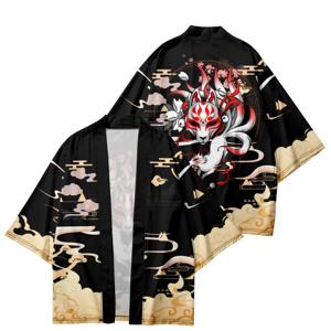 여름 만화 9 꼬리 여우 프린트 기모노 여성 남성 일본 하오리 streetwear 카디건 유카타 코스프레 사무라이 streetwear