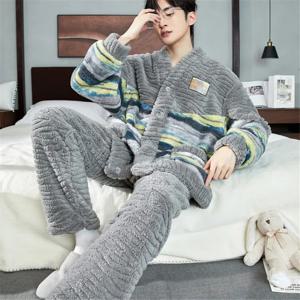 남성 겨울 따뜻한 산호 양털 잠옷 세트 푹신한 코트 + 긴 바지 남성 잠옷 잠옷 2 조각 홈웨어 Loungewear