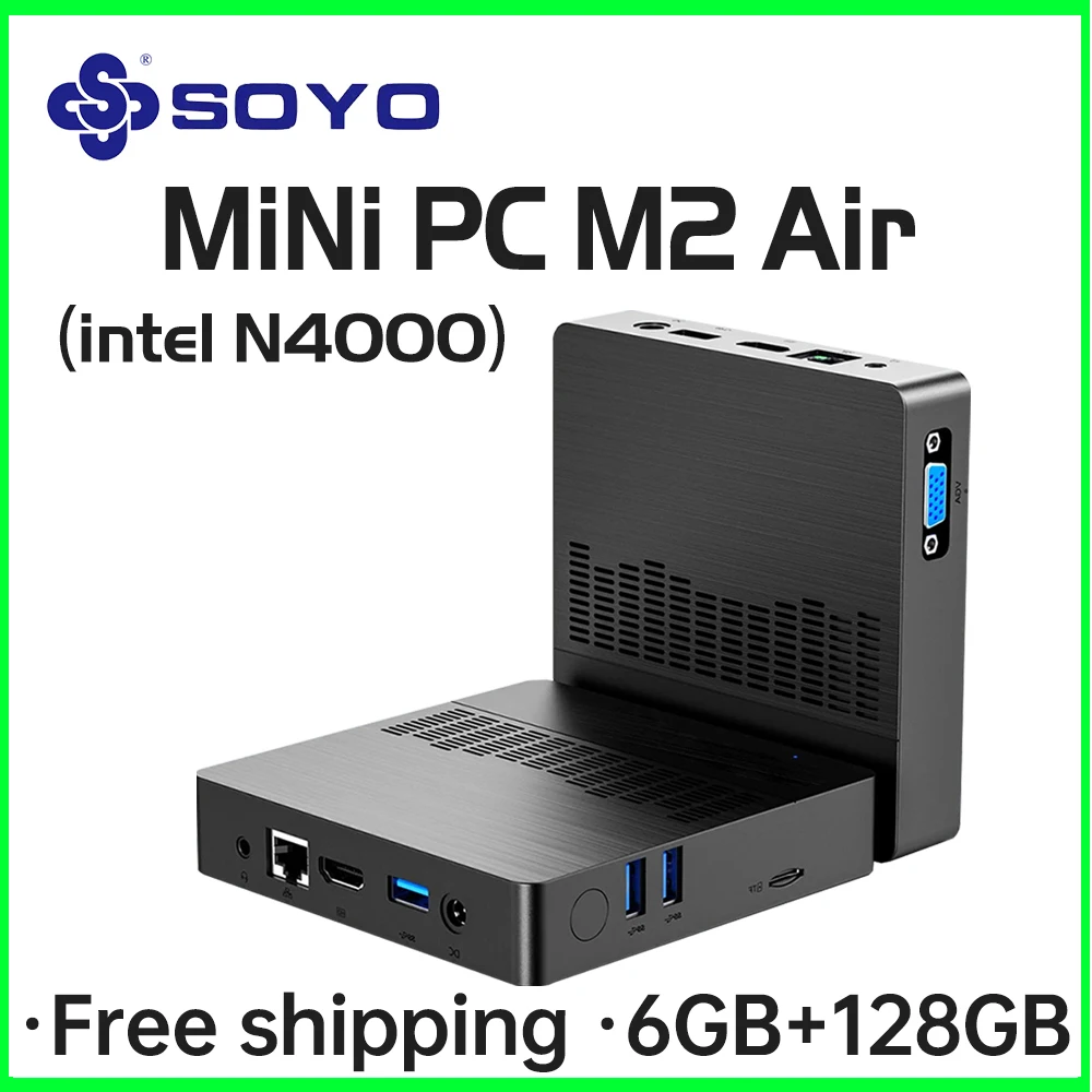 SOYO 미니 PC 게임 데스크탑 M2Air 6GB RAM SSD 128GB CPU Intel N4000 Windows 11 Pro miniPC 게이머 WIFI Bluetooth 4.2