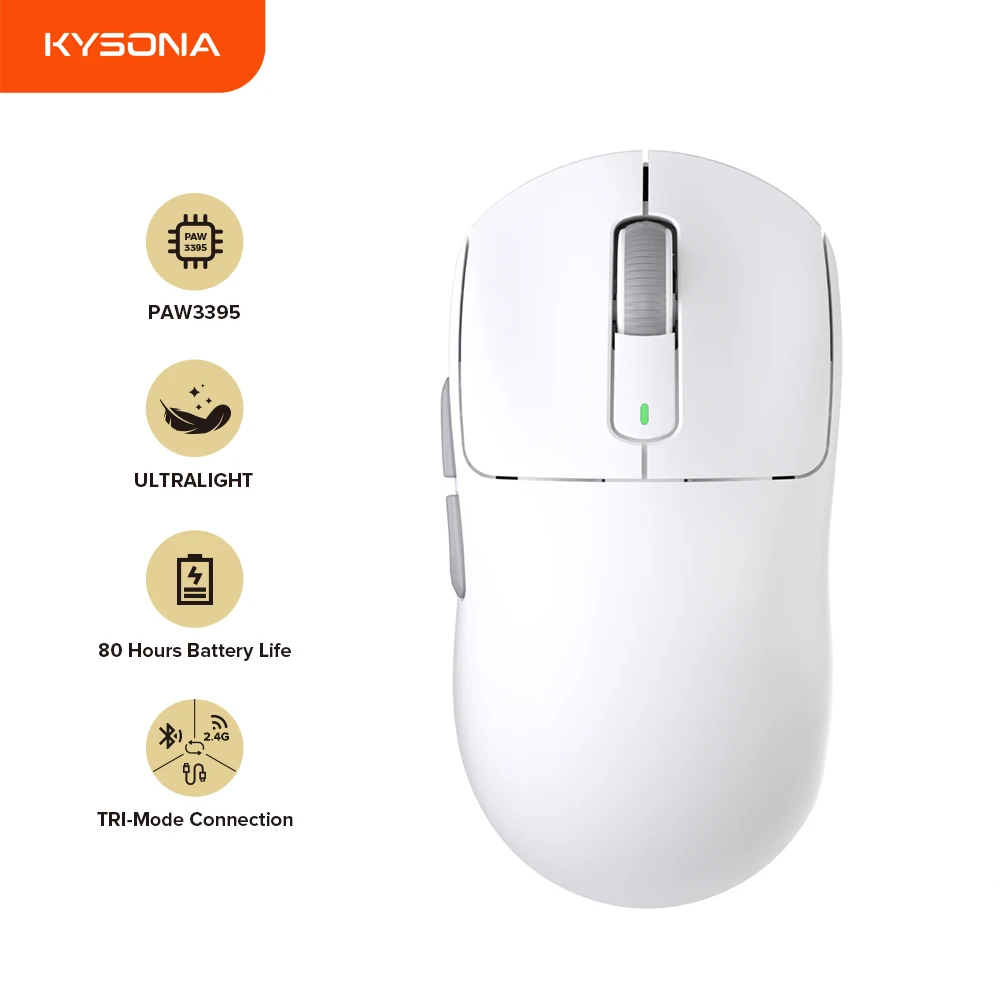 Kysona M600 PAW3395 흰색 무선 게임 Esports 마우스 55g 26000 인치 당 점 6 버튼 노트북 PC 용 광학 PAM3395 컴퓨터 마우스