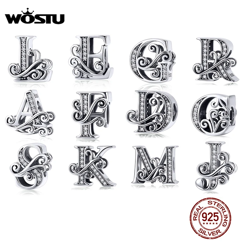 WOSTU 925 스털링 실버 A-Z 26 글자 눈부신 비즈 여성을위한 원래 매력 팔찌 펜던트 팔찌에 맞게 보석 CTC030