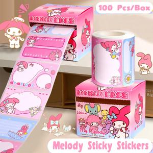 새로운 100Pcs Sanrio 스티커 메모 스티커 귀여운 Kuromi 멜로디 손으로 만든 액세서리 종이 접착제 테이프 스티커 아이 장난감