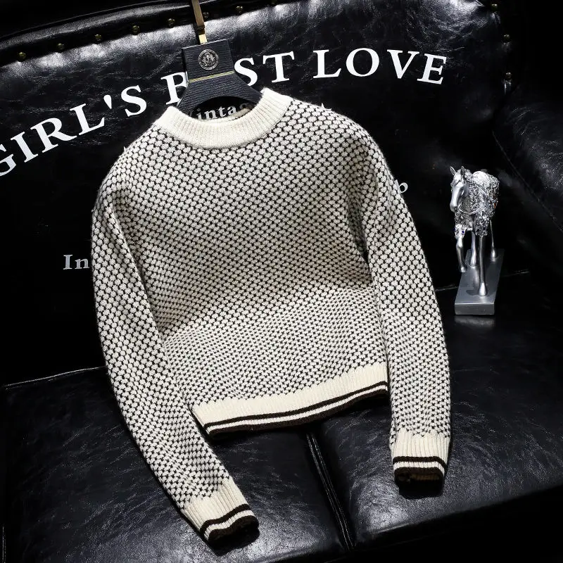한국 패션 가을 겨울 새로운 스웨터 남성 오-넥 Houndstooth 하이 스트리트 캐주얼 긴 소매 루즈 풀오버 니트 탑