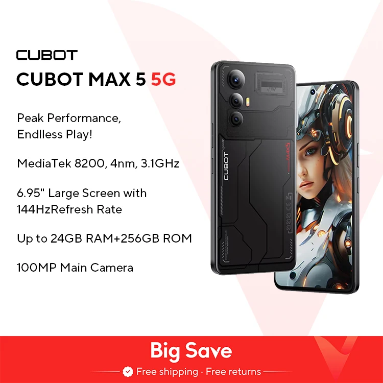 CUBOT MAX 5 안드로이드 스마트폰 5G, 디멘시티 8200, 6.95 인치 144Hz 대형 화면, 24 + 256GB, 게임용 휴대폰, 장바구니에 담기