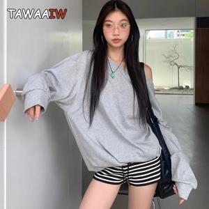 Tawaaiw 캐주얼 오프 숄더 Y2k 후디, 단색 루즈 긴 소매 하라주쿠 가을 상의, 여성 스웨트 셔츠, 시크 2000 년대 스트리트웨어